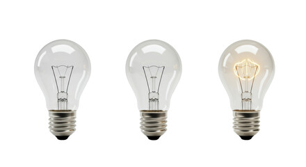 Three clear glass incandescent light bulbs (unlit, unlit filament, illuminated amber glow) in linear progression on transparent studio background, concept of idea development and innovation