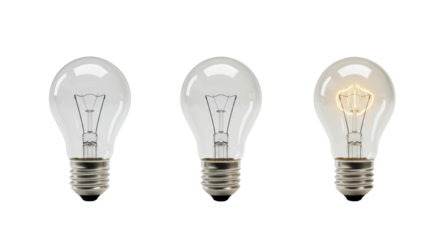 Three clear glass incandescent light bulbs (unlit, unlit filament, illuminated amber glow) in linear progression on transparent studio background, concept of idea development and innovation