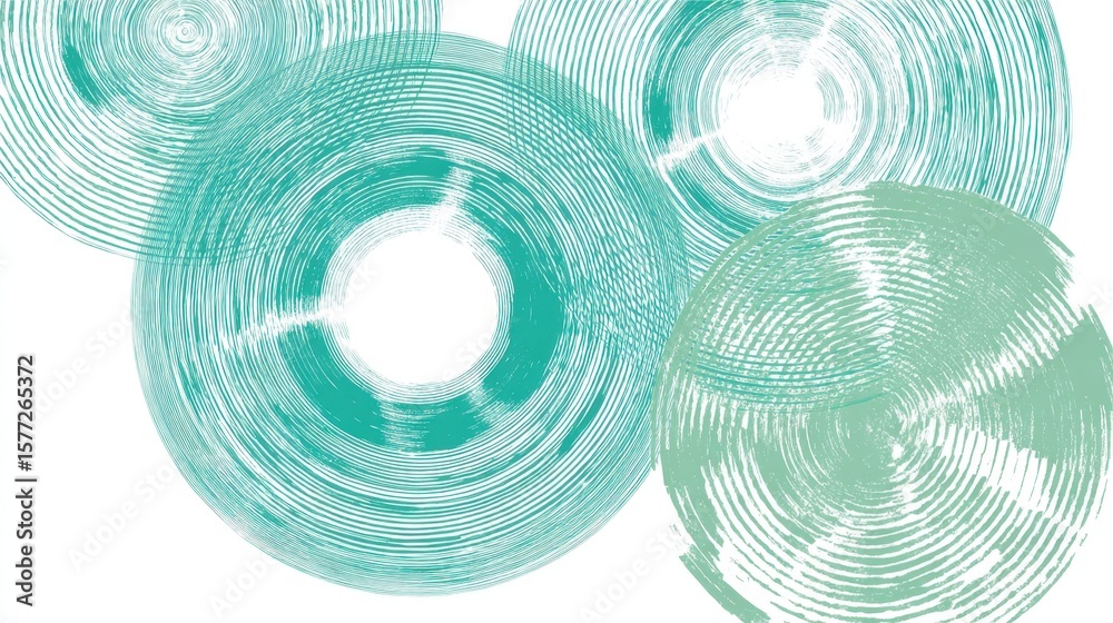 Poster turquoise and green concentric circles are overlapping, creating a textured abstract design with a m
