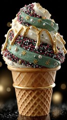 Swirled ice cream cone decorated with colorful sprinkles and golden drizzle for winter festivities