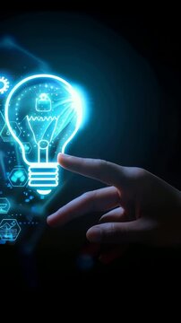 A hand touches glowing lightbulb surrounded by network icons, symbolizing innovation, technology. The conveys ideas, smart solutions,, digital connectivity in modern context.