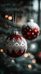 Elegant red and white Christmas ornaments hanging from a decorated tree with warm lights in a cozy setting