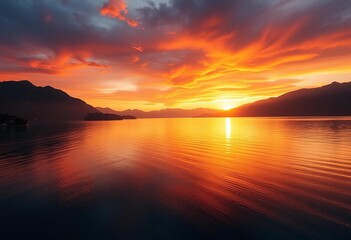 Golden hour light bathes Lake Como's tranquil waters, mountains silhouetted against fiery sky,  image,   idyllic