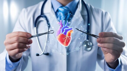 Medical professional demonstrating heart surgery technology and cardiovascular research