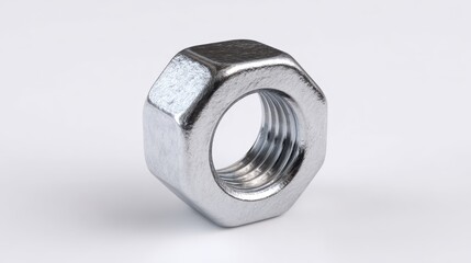 Metallic hexagonal nut resting on white surface, highlighting precise threading and reflective metallic texture for industrial design concepts