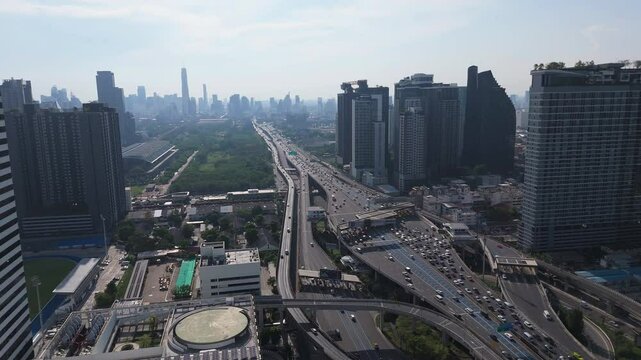 Traffic Jam On Elevated Highways Of Si Rat Expressway In The City Of Bangkok, Thailand. Aerial Drone Shot