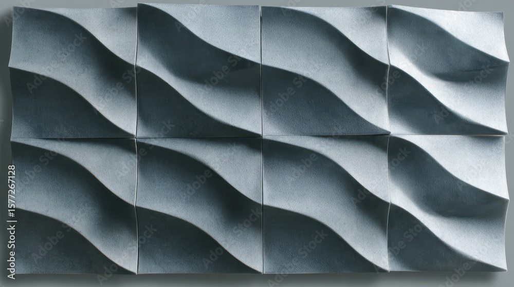Poster textured gray concrete tiles creating undulating surface pattern, complementing minimalist interior 