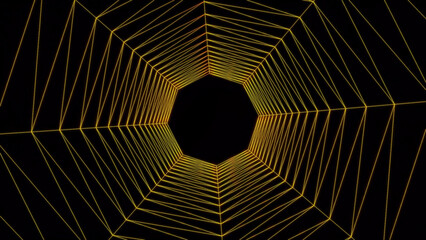 Abstract Retro Wireframe Tunnel with Yellow Outlines and a Black Background, Creating a Geometric...