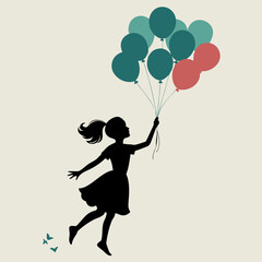 Silhouette of Girl Flying with Balloons into the Sky Representing Freedom, Imagination, and Dreamlike Lightness

