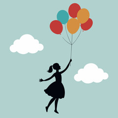 Artistic Silhouette of Balloon Girl Floating Upward Symbolizing Creative Imagination, Emotional Uplift, and Escape

