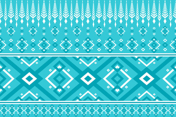 Seamless ethnic pattern featuring tribal geometric shapes and stylized leaf motifs in vibrant teal and white colors