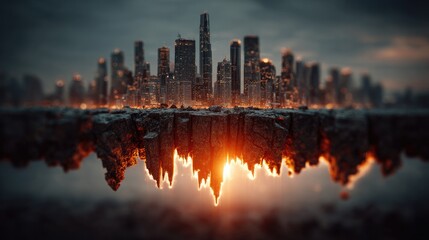 Surreal cityscape with an upside-down skyline reflection, glowing with sunset hues and creating a fantastical, mirror-like scene full of wonder and mystery.