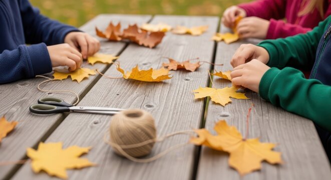 Children crafting autumn leaf garland outdoors on wooden table