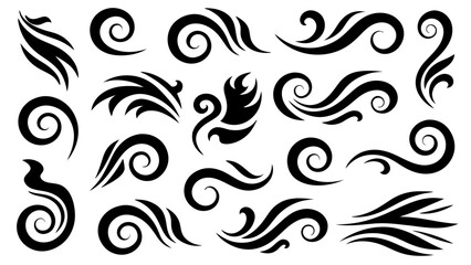 Set of Abstract Tribal Swirl and Spiral Design Elements.Black Vector Tattoo Style Collection.