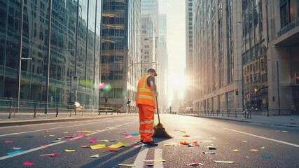 Sanitation worker cleaning the streets. - Powered by Adobe