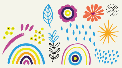 Fototapeta premium A whimsical collection of hand drawn floral elements and rainbow shapes on a cream background