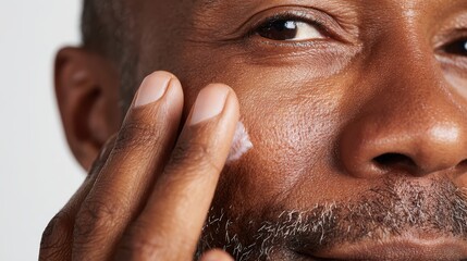 Mature male applying facial moisturizer, focusing on skincare routine and promoting healthy, glowing complexion with gentle patting motions
