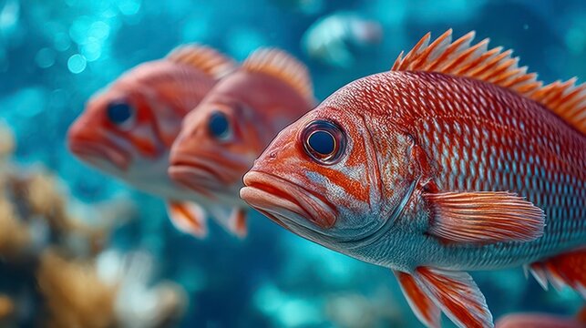 Three red fish swim in clear blue water near coral close up side view underwater