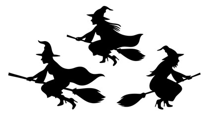 Set Of Flying Witch Silhouettes on Broomsticks