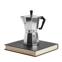 Moka pot coffee maker on a black book with beige pages  