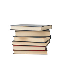 Stack of hardcover books in various colors on white background  