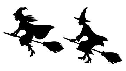 Set Of Flying Witch Silhouettes on Broomsticks