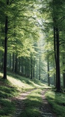 Fototapeta premium Sun-dappled forest path whispers tales of Mabon, earthy tranquility, verdant labyrinth, and sylvan serenity unfold like a verdant dream