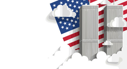 Patriot Day tribute with American flag and towers, with copy space