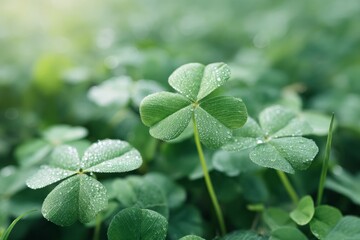 Dew-kissed clover thrives in emerald tapestry, whispering Gaelic myths and celestial luck, perfect for St Patrick's Day revelry