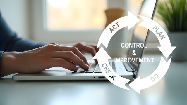 Plan, do, check, and action cycle diagram with person typing on laptop as a background