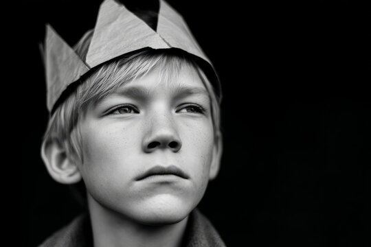 Ethereal daydreams of a young Caucasian boy donned with a paper crown, capturing Lost Children's Day nostalgia