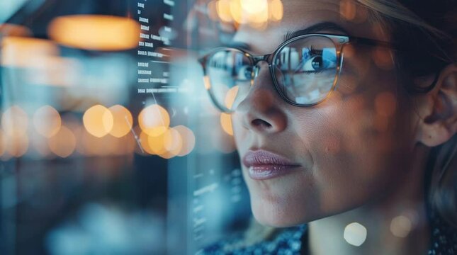 A focused woman in glasses looks at a computer screen filled with data and code, reflected in her lenses. The image conveys concentration, technology, and the modern digital workspace.