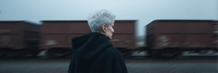 Gray-haired person gazes pensively at passing freight trains, echoing themes of introspection and the autumnal Shichi-Go-San festival