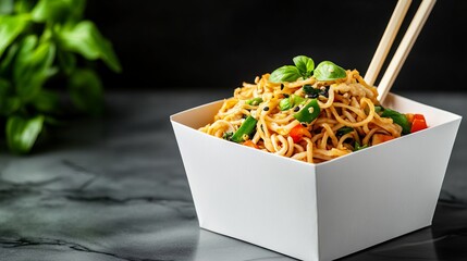Stir-fried noodles nestled in a takeout box, perfect for Lunar New Year or National Noodle Month celebrations