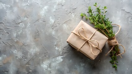 Rustic Gift Box with Fresh Herbs on Gray Concrete
