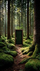 Dark green door standing open in a sunlit mossy forest on a dirt path sunlight
