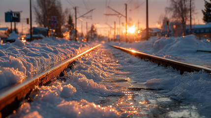 The railway tracks are covered in snow, bathed in the rays of the setting sun, creating a warm golden glow.