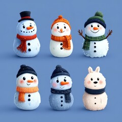 Snowmen and a snow bunny display cheerful winter spirit in a colorful scene during a snowy day