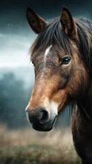 Majestic brown horse gazes contemplatively in a misty meadow during early morning light
