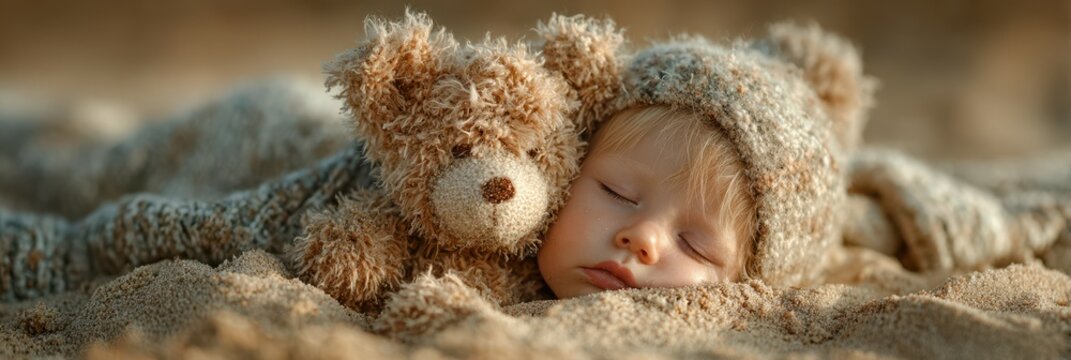 Sweetly sleeping child snuggles with teddy bear on sandy beach during warm afternoon