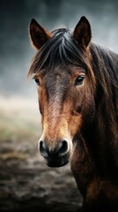 Majestic brown horse with striking features stands in misty landscape at dawn in a tranquil rural setting