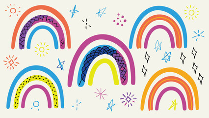 Obraz premium Illustration of colorful rainbows and stars on a cream background with a whimsical and playful style