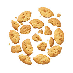 Scattered golden-brown cookie crumbs and biscuit pieces, from fine powder to larger porous fragments with toasted edges, against a pristine, shadowless white background, ultra-realistic UHD