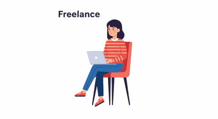 Girl with Laptop Sitting on Chair &ndash; Cute Flat Style Illustration for Freelance, Remote Work, or Study Concept