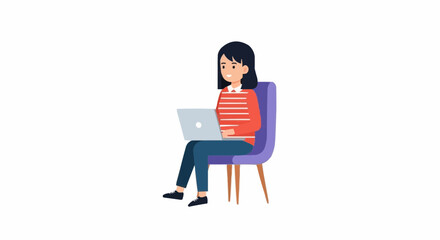 Girl with Laptop Sitting on Chair – Cute Flat Style Illustration for Freelance, Remote Work, or Study Concept