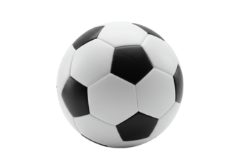 A pristine black and white soccer ball with hexagonal and pentagonal panels, perfectly inflated, on an immaculate transparent background with diffused studio lighting. Concept of a game and the spirit