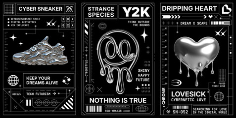 Set of Y2K posters in chrome 3D style with cyberpunk aesthetic, metallic textures, techno interface elements and nostalgic digital design