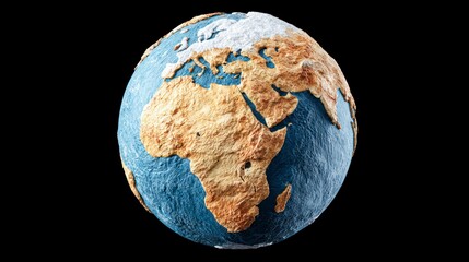 Close up of textured Earth globe showing Africa Europe and parts of Asia against a black background