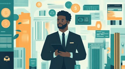 A businessman interacting with virtual banking icons, representing interbank payments, currency exchanges, and global financial transfers.
