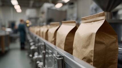 Brown paper bags march down the assembly line, evoking Zero Waste Week and International Packaging Design Day
